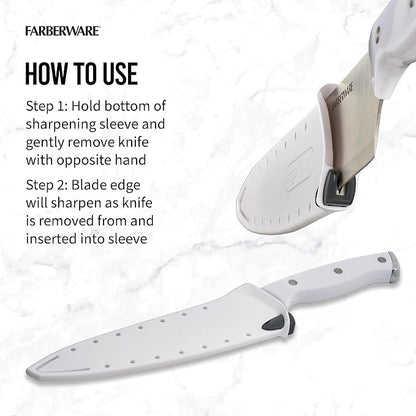 Farberware Edgekeeper Triple Riveted Chef Knife with Self-Sharpening Blade Cover, High Carbon-Stainless Steel Kitchen Knife with Ergonomic Handle, Razor-Sharp Knife, 8 Inch, White