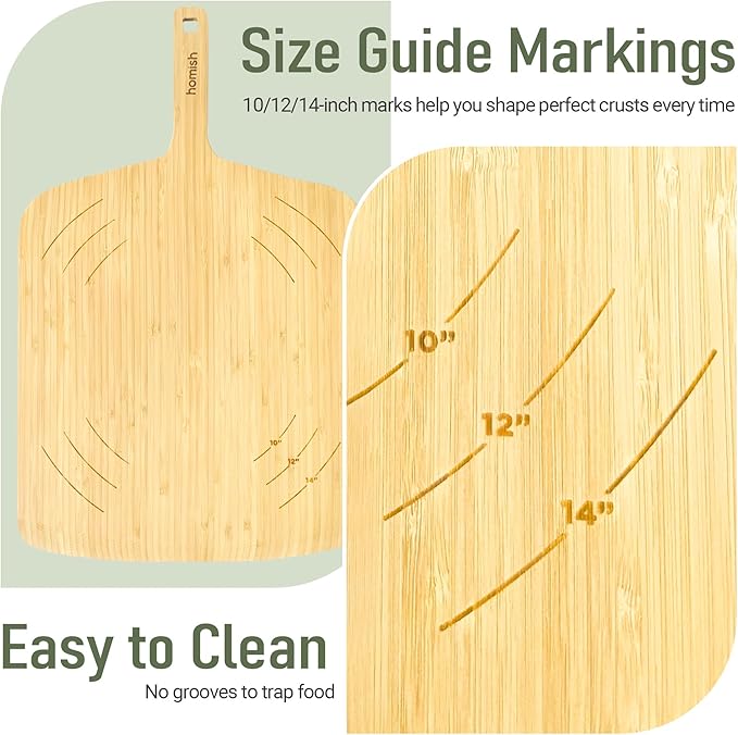 Bamboo Pizza Peel with Size Markings – 10”, 12”, 14 inch Wood Pizza Paddle Turner with Easy-Grip Handle for Sliding in Oven | Non Stick Board for Homemade Baking, Serving, Cutting Bread & Pastries