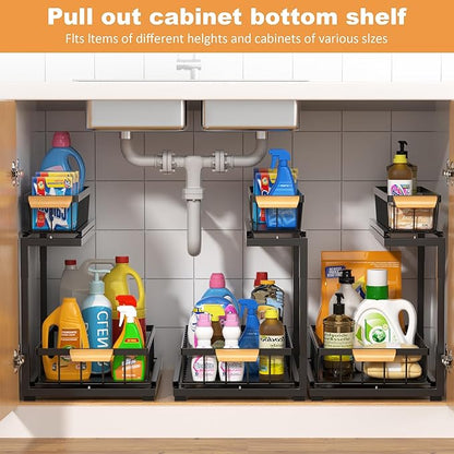 Under Sink Organizer 2 Tier, Pull Out Drawer Slides Under Sink Storage for Bathroom Kitchen,Multi-Purpose Drawer Under Cabinet Organizer for Cleaning Supplies (Black, Large-1 Pack)