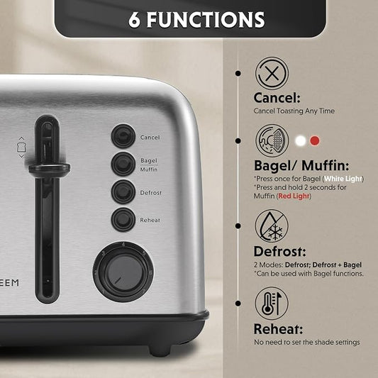 BUYDEEM DT640 4-Slice Toaster, 7 Shade Settings, Extra Wide 1.5’’ Slots for Bagel & English Muffin, 6 Toasting Functions, Retro Stainless Steel Toaster with High Lift Lever, 1800W, Retro Silver