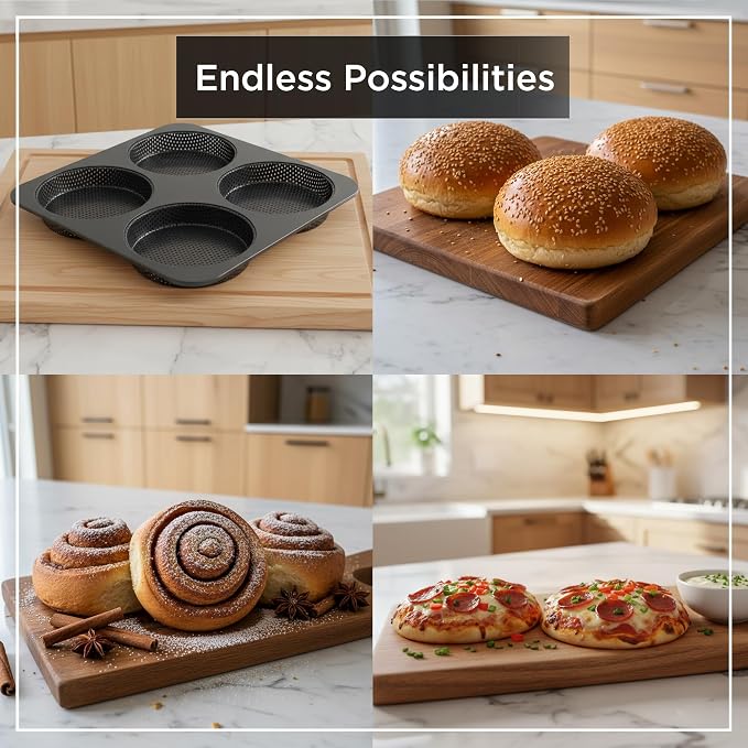 Wrenbury Hamburger Bun Pan Carbon Steel Nonstick - 4-Cavity Baking Mold | for Homemade Burger Buns Bread Rolls and Mini Pies