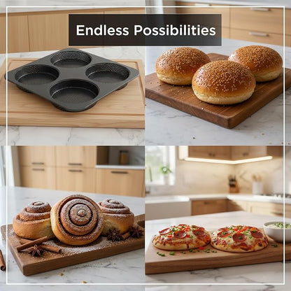Wrenbury Hamburger Bun Pan Carbon Steel Nonstick - 4-Cavity Baking Mold | for Homemade Burger Buns Bread Rolls and Mini Pies