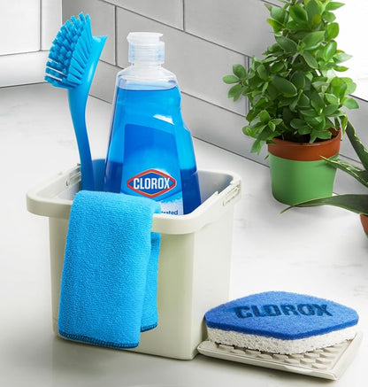 CLOROX KeptClean Kitchen Sink Organizer – Space-Saving Organization of Dish Soap, Scrub Brushes, and Dish Towels, Fold-Down Shelf for Sponges and Jewelry, Drainage Tray – Almond Cream