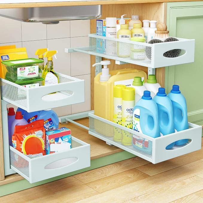 2 Pack Under Sink Organizer, 2 Tier Pull out Cabinet Organizer Mesh Baskets with 5 Adjustable Heights, Sliding Drawers Storage Shelf for Home, Kitchen, Bathroom, Pantry, Office, Countertop ,Blue
