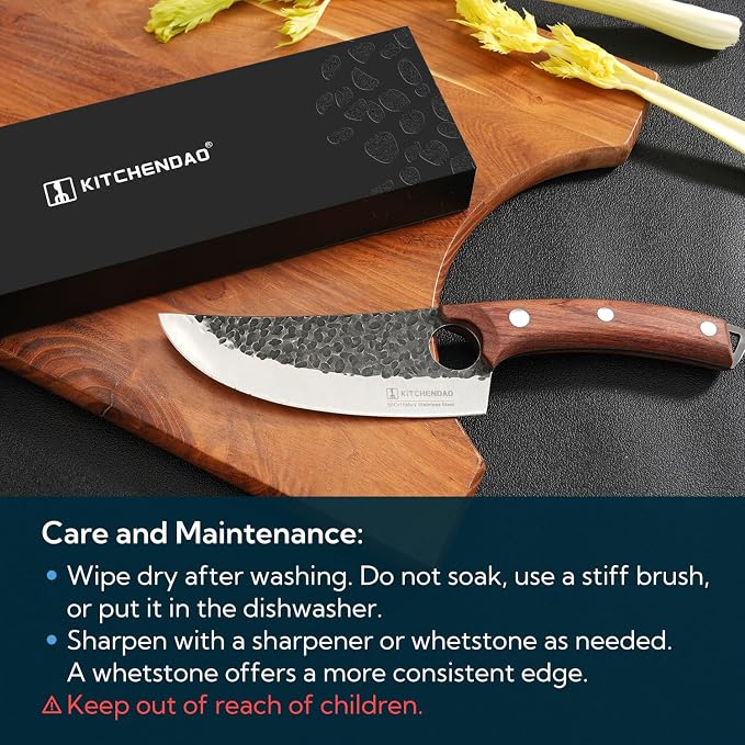 KITCHENDAO Chef Knife 6 Inch Super Sharp Viking Knife with Finger Hole Full Tang Kitchen Knife with Ergonomic Rosewood Handle for Slicing, Deboning and Cutting, Gift Box for Family and Friends