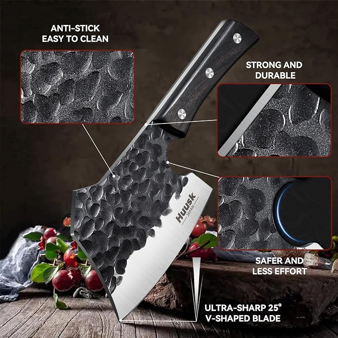 Huusk Meat Cleaver Knife Heavy Duty Bone Chopper, Hand Forged Kitchen Axe with Sheath, Full Tang Bone Chopping Knife, Japanese Butcher Knife for Meat Cutting, Fathers Day Gift Idea for Men Dad