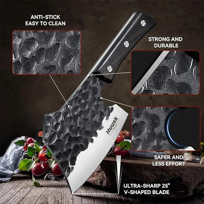 Huusk Meat Cleaver Knife Heavy Duty Bone Chopper, Hand Forged Kitchen Axe with Sheath, Full Tang Bone Chopping Knife, Japanese Butcher Knife for Meat Cutting, Fathers Day Gift Idea for Men Dad