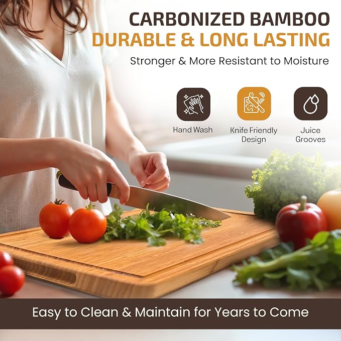 Bambüsi Bamboo Cutting Board (8" x 5") Small Carbonized Wooden Chopping Board with Juice Groove and Side Handles, 0.5" Thick Mini Food Prep and Serving Board
