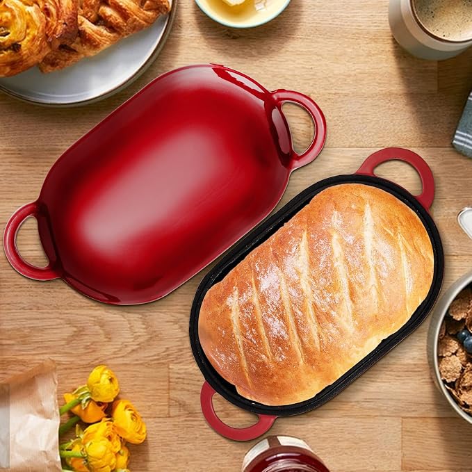 Enameled Cast Iron Oval Dutch Oven Pot with Lid, 5 QT Dutch Oven for Sourdough Bread Baking, Bread Loaf Pan with Lid & Bread Oven (Red)