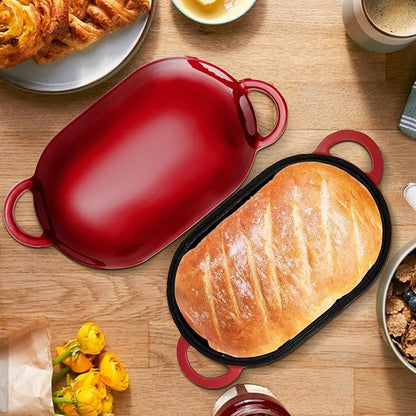Enameled Cast Iron Oval Dutch Oven Pot with Lid, 5 QT Dutch Oven for Sourdough Bread Baking, Bread Loaf Pan with Lid & Bread Oven (Red)