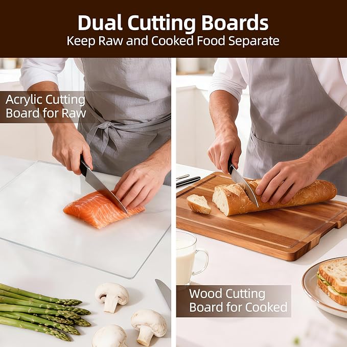 Cutting Board Set of 2 – Acacia Wood & Acrylic Cutting Board with Counter Lip for Kitchen, Wooden Chopping Board with Juice Grooves for Vegetables, Fruits, Meat
