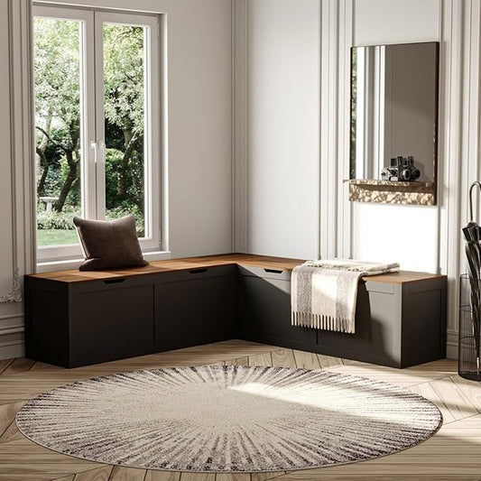 L Shape Kitchen Breakfast Nook Bench, Kitchen Corner Nook Bench Seating with Hidden Storage, Corner Dining Seat for Entryway, Black and Brown, 63”D x 63”W x 17.7”H