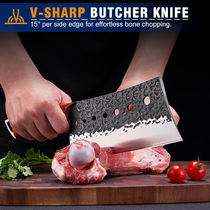 KITNATS 2PCS Hand Forged Butcher Knife Set, Meat Cleaver & Serbian Chef Knife for Meat Cutting, Boning, Kitchen Prep, Outdoor Cooking, BBQ, Gift for Men