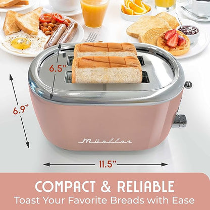 MUELLER HOME Retro Toaster 2 Slice, 7 Browning Levels, 3 Functions (Reheat, Defrost, Cancel), Stainless Steel Features, Removable Crumb Tray, Under Base Cord Storage, Pink Kitchen Accessories Décor