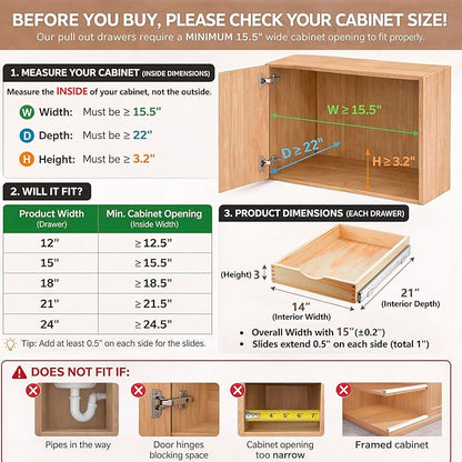 Menkxi 2 Set Wooden Pull out Cabinet Organizer Fully Assembled Slide out Pantry Drawer with Gentle Close Storage Shelf Tray for Base Kitchen Under Sink Bathroom Accessory(Wood Color,15'' X 21'' X 3'')