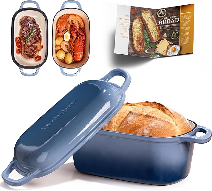 4.6-Quart Oval Dutch Oven for Bread Baking, 2 in 1 Enameled Cast Iron Bread Pan with Lid, Sourdough Baking Pan for a Crispy Crust, Seasalt
