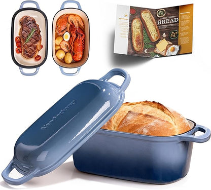 4.6-Quart Oval Dutch Oven for Bread Baking, 2 in 1 Enameled Cast Iron Bread Pan with Lid, Sourdough Baking Pan for a Crispy Crust, Seasalt