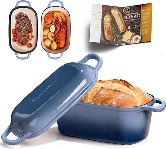 4.6-Quart Oval Dutch Oven for Bread Baking, 2 in 1 Enameled Cast Iron Bread Pan with Lid, Sourdough Baking Pan for a Crispy Crust, Seasalt