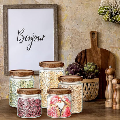 Gerrii Clear Begonia Round 5 Pcs Vintage Glass Food Storage Containers 17/24/34 oz Glass Jar with Lid Airtight Candy Food Canisters for Kitchen Counter Pantry Coffee Beans