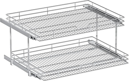 2-Tier Pull Out Cabinet Organizer, 31.5" W x 21.5" D, Heavy Duty Dual Slide Out Shelves for Wide Base Cabinets, Chrome Wire Basket Drawer for Pots, Pans, Pantry & Cleaning Supplies