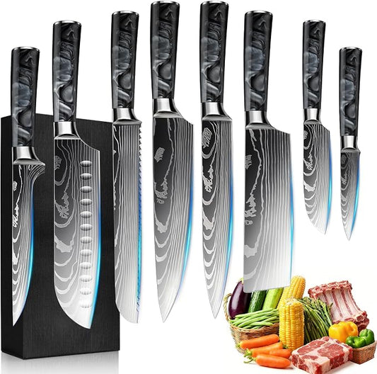 8-Piece Premium Japanese Kitchen Knife Set - Star Collection, Laser Damascus Pattern, 440A Stainless Steel Ultra Sharp for Fast Cutting (Black 8J)