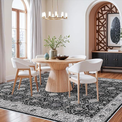 Washable 8x10 Living Room Rug: Vintage Low Pile Water Resistant Area Rug with Non-Slip Backing for Bedroom Dining Room Distressed Carpet for Nursery Indoor Soft Floor Mat for Home Office (8x10 Black)