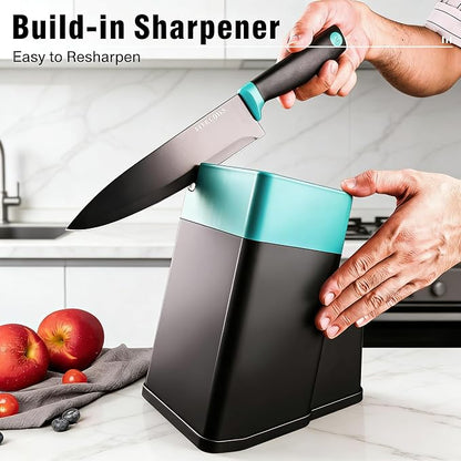 14 Pcs Kitchen Knife Block Set with Sharpener German High Carbon Stainless Steel Chef Knives, Razor-Sharp & Durable, Lightweight Anti-Slip Handle, Professional Set for Home & Kitchen (Green)