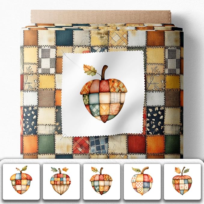 Patchwork Acorn Cotton Fabric Panel – 6 Designs (10×10 inch Each) + Bonus Sheet 29.5×19.6 inch, 100% Cotton 140 GSM, Made in Türkiye