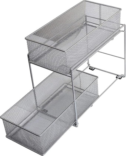 YBM HOME Pack of 4 Silver 2 Tier Mesh Sliding Spice and Sauces Basket Cabinet Organizer Drawer 2304-4