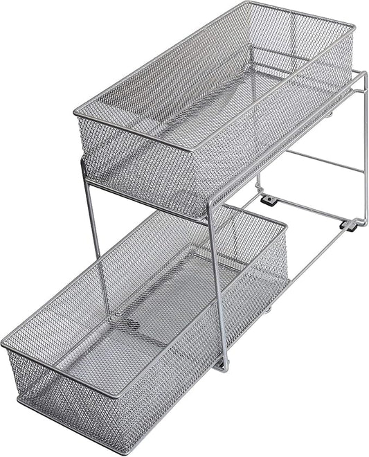 YBM HOME Pack of 4 Silver 2 Tier Mesh Sliding Spice and Sauces Basket Cabinet Organizer Drawer 2304-4