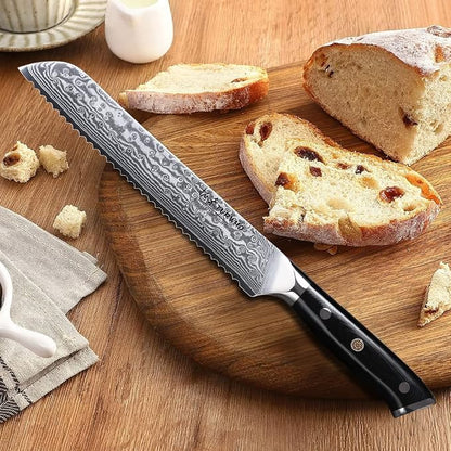 TURWHO Professional serrated Bread Knife 8 Inch - Classic Damascus pattern Japanese VG-10 Steel Kitchen Knives
