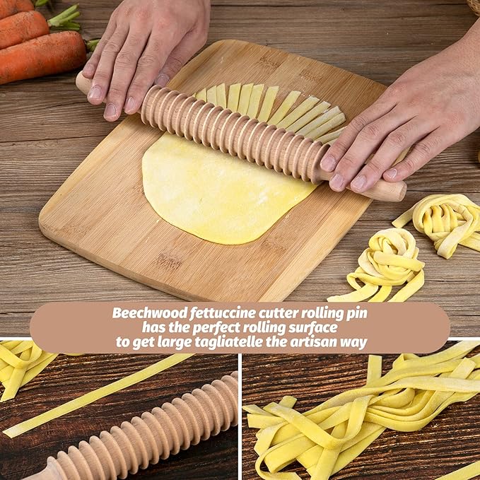 Beech Wood 7mm Fettuccine Pasta Cutter Noodle Lattice Roller Docker Dough Cutter Wooden Rolling Pin Spaghetti Pasta Maker Beechwood Noodle Cutter Rolling Pin Kitchen Cooking Tools