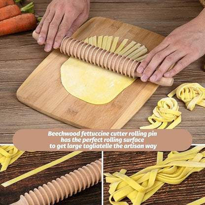 Beech Wood 7mm Fettuccine Pasta Cutter Noodle Lattice Roller Docker Dough Cutter Wooden Rolling Pin Spaghetti Pasta Maker Beechwood Noodle Cutter Rolling Pin Kitchen Cooking Tools