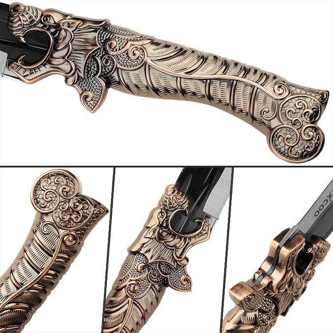 5PCS Butcher Knife Set for Chef, Butchering, Meat Processing, BBQ Cutting and Fillet, High Carbon Steel Hand Forged Knives, Cleaver & Bone Chopper, Dragon Bolster, Wood-Grain Handle - Bronze