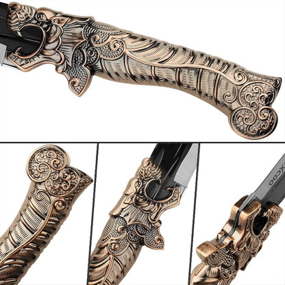 5PCS Butcher Knife Set for Chef, Butchering, Meat Processing, BBQ Cutting and Fillet, High Carbon Steel Hand Forged Knives, Cleaver & Bone Chopper, Dragon Bolster, Wood-Grain Handle - Bronze