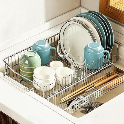 Dish Drying Rack in Sink, Extendable 304 Stainless Steel Dish Drainer for Kitchen Counter, Over The Sink with Utensil Holder, Corrosion Resistant Space Saving Drainage Basket