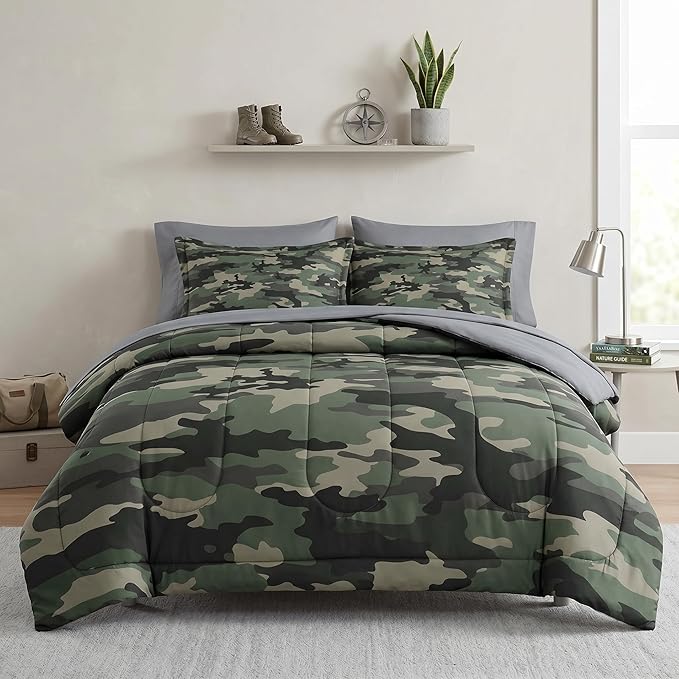 Pamnest Comforter Set Queen Size, Camo Army Camouflage 7 Pcs Bedding for Kids and Adults, Military Bed Sheet Sets with Fitted Sheet 2 Pillowcase & 2 Sham for Bedroom Bed Decor