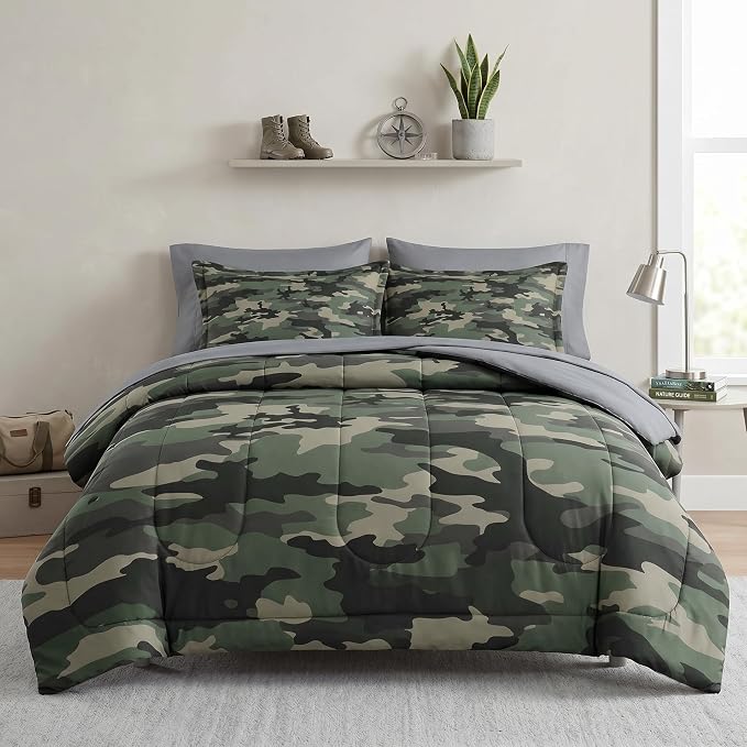 Pamnest Comforter Set Twin Size, Camo Army Camouflage 5 Pcs Bedding for Kids and Adults, Military Bed Sheet Sets with Fitted Sheet Pillowcase & Sham for Bedroom Bed Decor