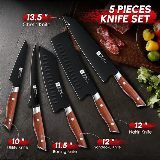 TIVOLI Chef Knife Set, Professional 5PC Knife Set, German High Carbon Stainless Steel Ultra Sharp Kitchen Knives with Full Tang Ergonomic Wood Handle for for Cooking - Gifts for Men and Women