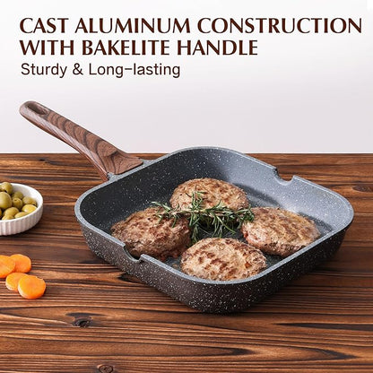 SENSARTE Nonstick Grill Pan with Lid, Grill Pan for Stove Tops, Versatile Griddle with Pour Spouts, Square Big Cooking Surface, Durable Skillet Indoor & Outdoor Grilling. PFOA Free, 9.5 Inch