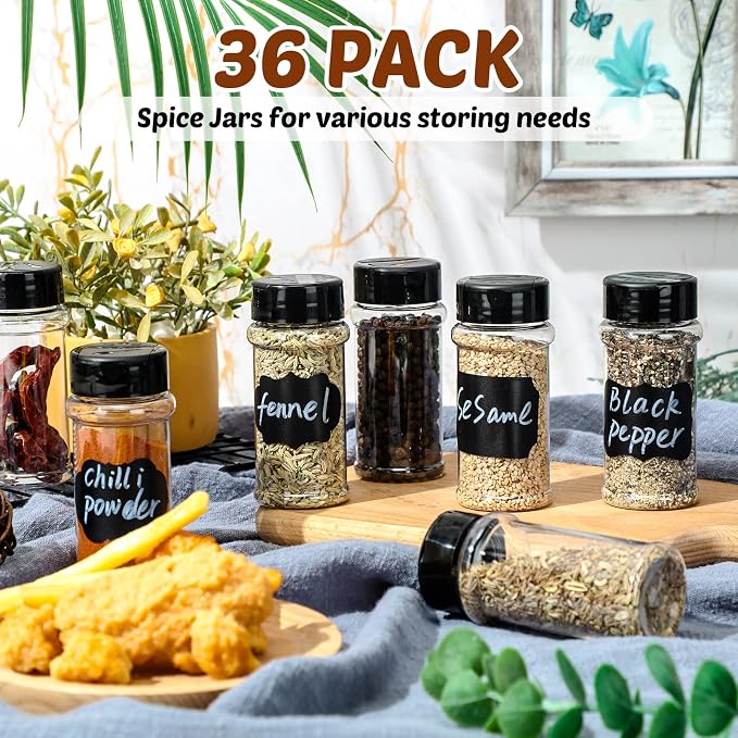 Eccliy 36 Pack 3 oz Clear Plastic Spice Jars with Label and Shaker Lids Empty Spice Bottles Seasoning Containers Seasoning Jars Shaker Condiment Pots for Pepper Herbs Powders(Black)