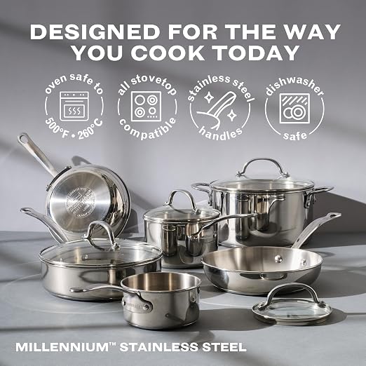 Farberware Millennium Stainless Steel Pots and Pans with Lids, Induction Ready, Compatible with All Cooktops, Metal Utensil Safe, 10 Piece Cookware Set, Dishwasher Safe - Stainless Steel