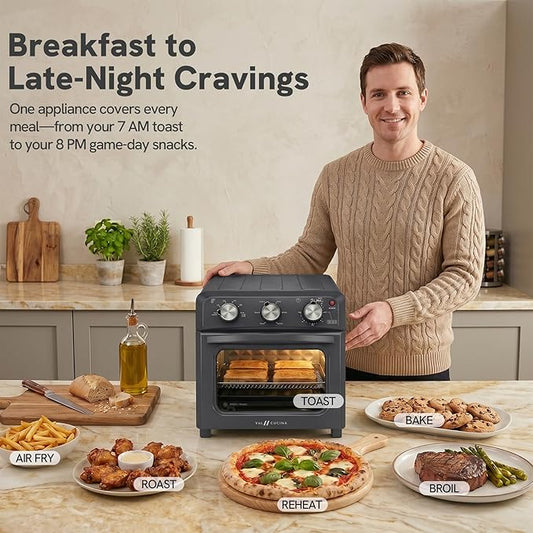VAL CUCINA 6-in-1 Retro Air Fryer Toaster Oven Combo, Compact 12.7 QT Small Countertop Convection Oven, Fits 9" Pizza & 4 Toast, Hexagon Hybrid Heating, Enamel Baking Pan Included, Dark Grey Color