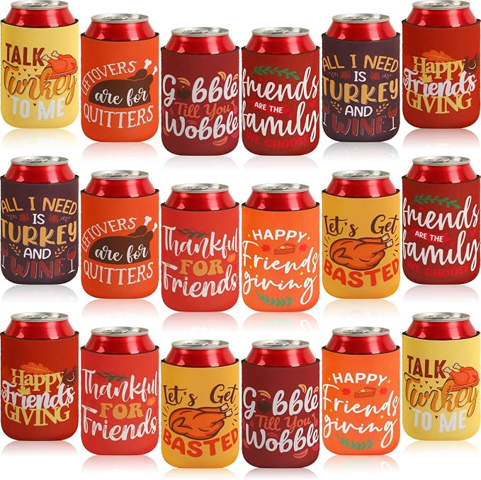 18 Pcs Friendsgiving Can Cooler Sleeves Fall Feast Beverage Covers for Thanksgiving Party Favors Beer Can Sleeves for Friendsgiving Gifts Decorations