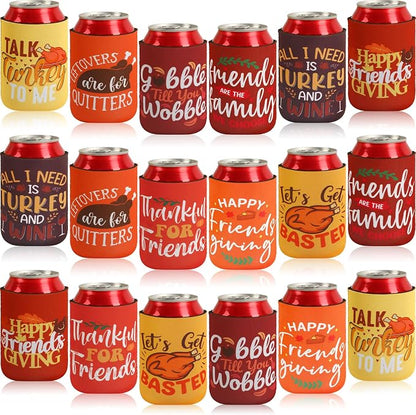 18 Pcs Friendsgiving Can Cooler Sleeves Fall Feast Beverage Covers for Thanksgiving Party Favors Beer Can Sleeves for Friendsgiving Gifts Decorations
