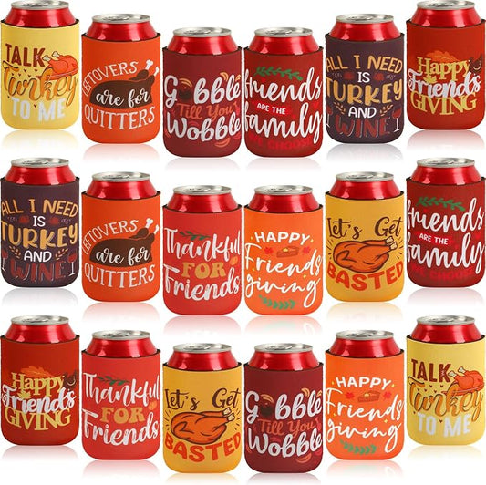 18 Pcs Friendsgiving Can Cooler Sleeves Fall Feast Beverage Covers for Thanksgiving Party Favors Beer Can Sleeves for Friendsgiving Gifts Decorations