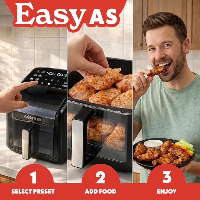 Gourmia Air Fryer 7 QT - Easy View Panorama Window & Interior Light, Guided Cooking with 12 One-Touch Presets, FryForce 360, Dishwasher Safe Accessories, Black