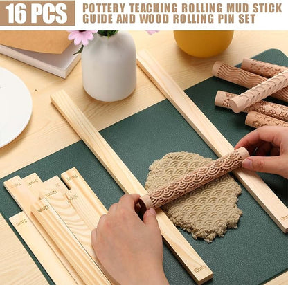 Colingmill 16 Pcs Christmas Pottery Teaching Rolling Mud Stick Guide and Clay Rollers Textured Set Includes 10 Pcs 5 Size Wooden Rolling Pin Guides Sticks 6 Patterns Clay Modeling Pattern Rollers