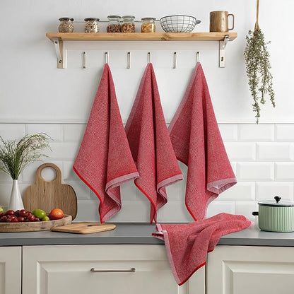 Mordimy Premium Kitchen Towels 8 Pack (18 x 28 Inches, Red), Large Cotton Kitchen Hand Towel, Flat & Terry Dish Towels for Drying Dishes, Super Absorbent Tea Dishtowels Set with Hanging Loop