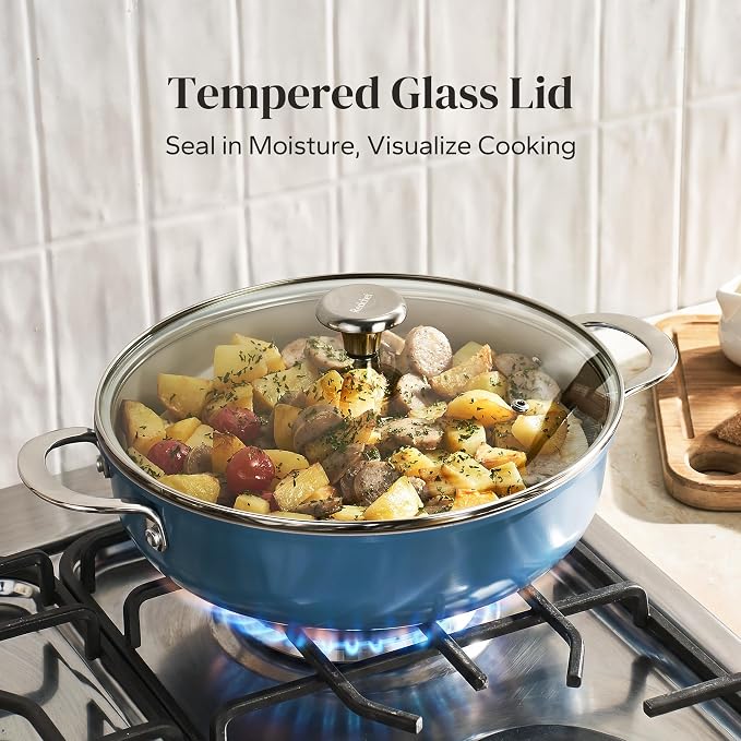 Redchef Stock Pot with Lid, Ceramic Soup Pot 4 Quart, Nonstick Stockpot Cooking Pot for Stews, Induction Braiser Rondeau Pot, Even Heating, Stay Cool Handle, Oven/Dishwasher Safe, PFAS Free (Blue)